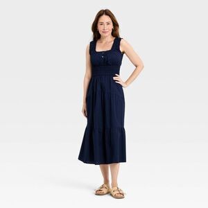 Open Box - Universal Thread - Women's Sleeveless Button-Front Smocked Navy Blue